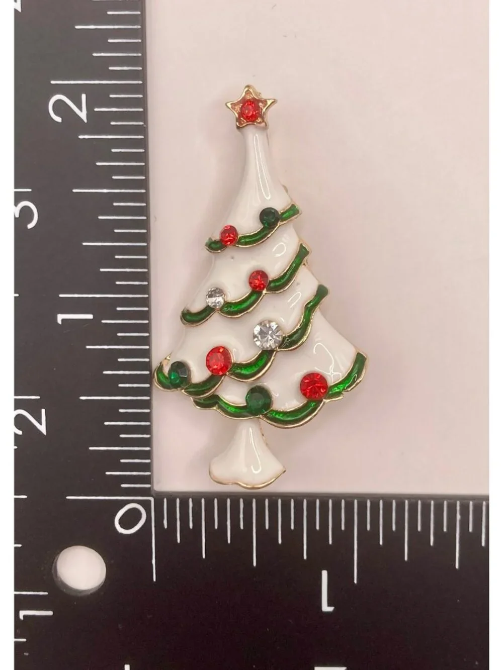 Christmas Holiday Tree Brooch Pin White Enamel Rhinestones Gold-Tone -103B